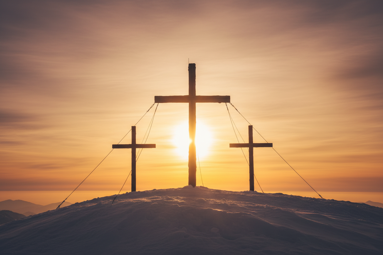 i need a picture of 3 crosses on top of a snowy mountain with the sun behind them. There needs to be one big cross in the middle and one on each side of that one that are a little smaller