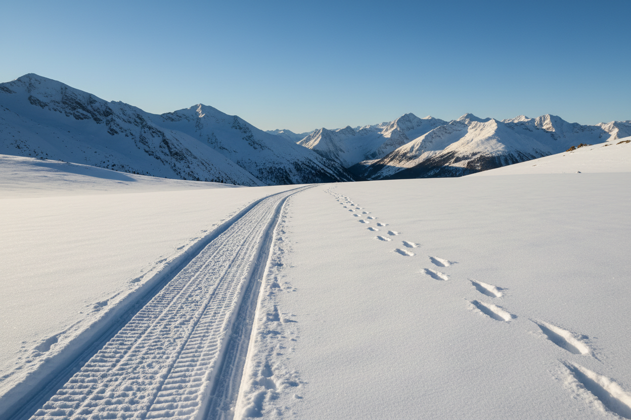 snowy mountain with snowmobile tracks on the left and footprints on the right